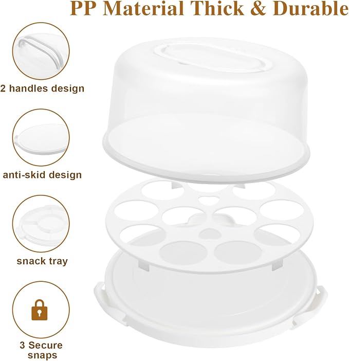 Cake Carrier with Lid and Handle, BPA-Free Cake Containers Cake Stand for 10 inch Cake with 2 Handles Cupcake Carrier - Plastic Cover Two Sided Base for Transport Pie Nuts Fruit Perfect Gifts