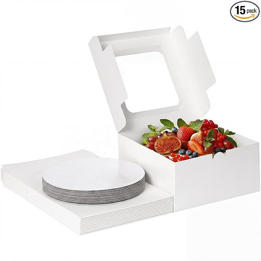 Moretoes 15 Sets Cake Boxes, 10x10x5 Inches Bakery Boxes with Cake Boards, 10 Inch with Stickers Disposable Cake Containers with Lids for Valentine's Day Mother's Day Cheesecake, Cakes