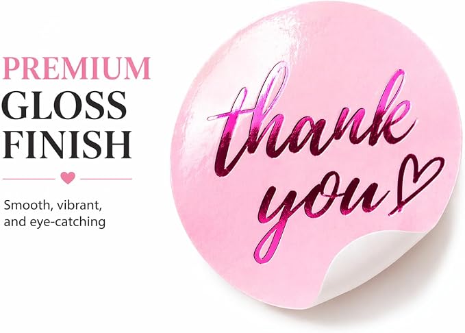 500 Pcs Thank You Stickers – 1.5” Pink Round Labels with Purple Hot Stamping Foil Script & Heart Design, Elegant Small Business Packaging Stickers for Bags, Boxes, Envelopes & Party Favors
