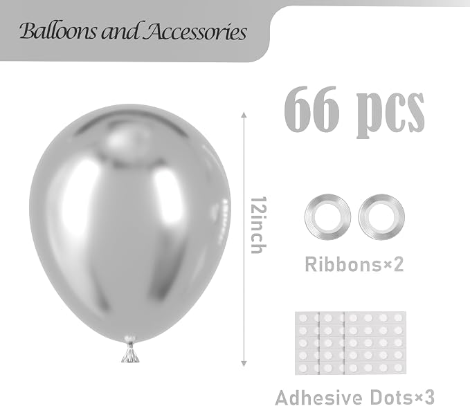 Voircoloria Metallic Silver Balloons, 66pack 12inch Chrome Silver Latex Party Balloons for Graduation, Wedding, Birthday, New Year, Baby Shower, Anniversary, Holiday Party Decorations