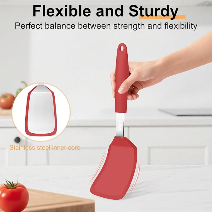 Beijiyi Silicone Spatula Turner, 600°F Heat Resistant, 13 x 3.2 in (Red) | BPA Free, Non-Toxic, Flexible Turner, Non Scratch for Non Stick Frying Pan, Flipping, Cooking, Dishwasher Safe
