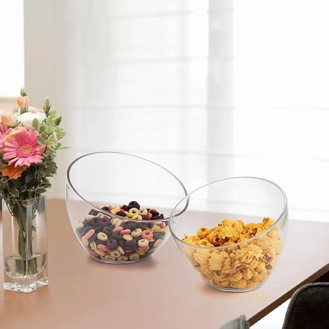 Lyellfe 3 Pack Angled Plastic Bowls, Thick Acrylic Salad Serving Bowl, Clear Candy Snack Bowls for Parties, Chips, Fruit, Prep, Assorted Sizes