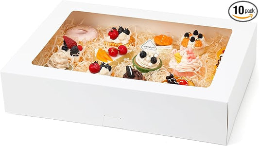 Moretoes 10pcs 19x14x4in Half Sheet Cake Boxes with Window, White Cookie Boxes, for Pastry Baking Cake Donuts Cupcake Pie Packaging, Auto-Popup
