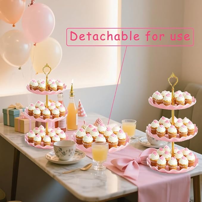 2 PCS 3 Tier Cupcake Stand Holder, Plastic Cupcake Holder Towel with Multiple Layers of Trays, Used for Cupcakes, Donuts, Fruits, Etc., White (White+Pink)