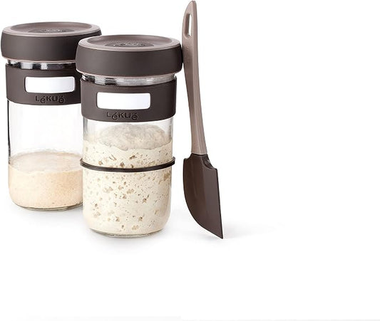 Lékué 6 Piece Sourdough Starter Kit | x2 Glass Jars, Spatula + Recipes | Make Sourdough Bread at Home | Platinum Silicone & Glass Vented Jars, Rise Trackers, Dishwasher Safe | Home Bread Baking