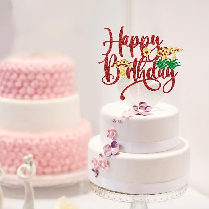 Mushroom Cake Topper- Glitter Mushroom Birthday Cake Toppers,Mushrooms and flowers in spring,Baby Shower Boy Girl Birthday Party Decoration Supplies