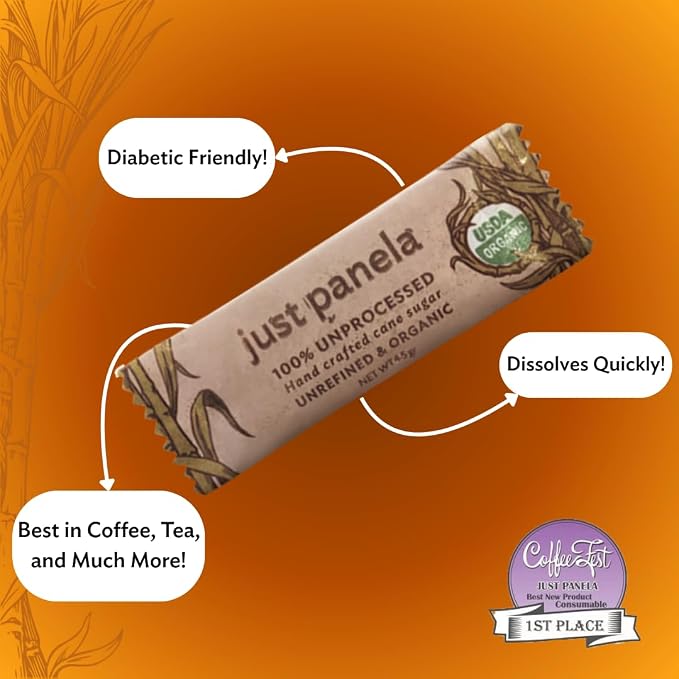 Just Panela Organic Unrefined Cane Sugar Sachets, 40 Ct box | 100% Unprocessed, Raw Sugar | Great for Baking, Cooking & Sweetening | Healthier Alternative to Regular Refined Sugar