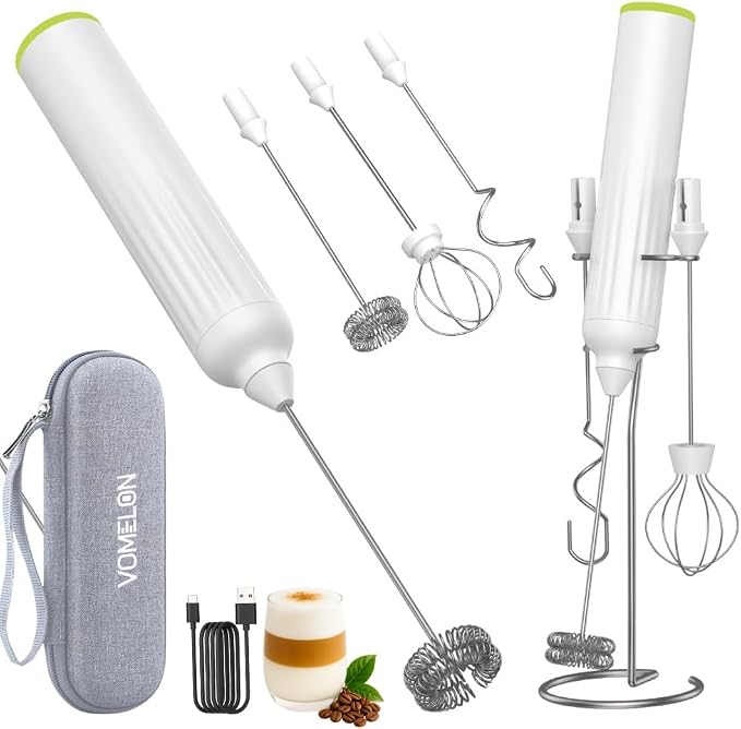 Milk Frother Handheld with 3 Stainless Steel Whisks, Rechargeable Electric Drink Mixer with Stand & Travel Case, Milk Foamer for Coffee, Latte, Cappuccino, Hot Chocolate, Egg,Jam Supplement-White