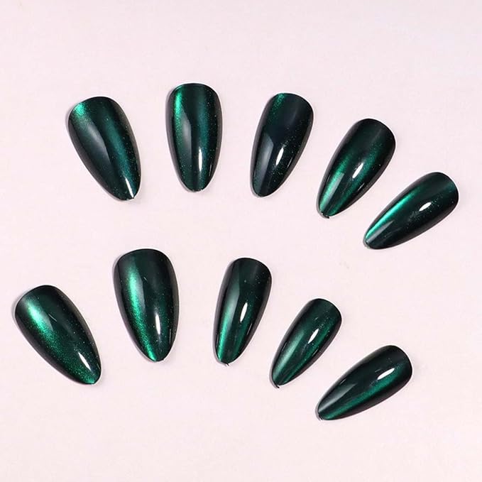 24Pcs French Press on Nails Short Almond ZWENJIE Cat Eye Fake Nails Press ons Nail Tips Stick on Nails Glossy Acrylic Nails Kit False Nails with Teal Green Design Nail Art for Women Glitter Manicure
