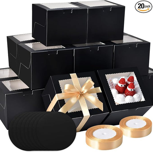 KPOSIYA 40pcs 6x6x5 inch Mini Cake Boxes with Cake Boards (20 Boxes & 20 Boards), 6 inch Small Cake Boxes with Lids，Cajas de mini pastel Bakery Boxes with Window for Christmas Thanksgiving