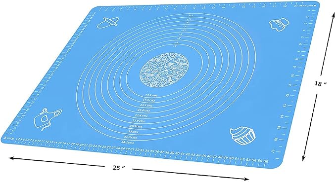 Silicone Baking Mat with Measurements, Pastry Rolling, Counter Mat, Dough Rolling Mat, Oven Liner, 25" x 18", Blue