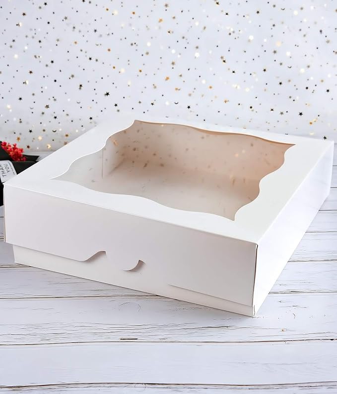 CHERRY 15-Pack 12"x12"x3"White Bakery Boxes with PVC Window for Pie and Cookies Boxes Large Natural Paper Box,Pack of 15