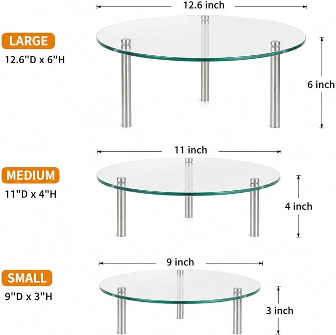 Hacaroa 3 Pcs Tempered Glass Cupcake Stands for Party, 9,11,12.6 Inch Round Food Display Stand Clear Retail Risers for Cakes, Desserts, Pastries, Appetizers