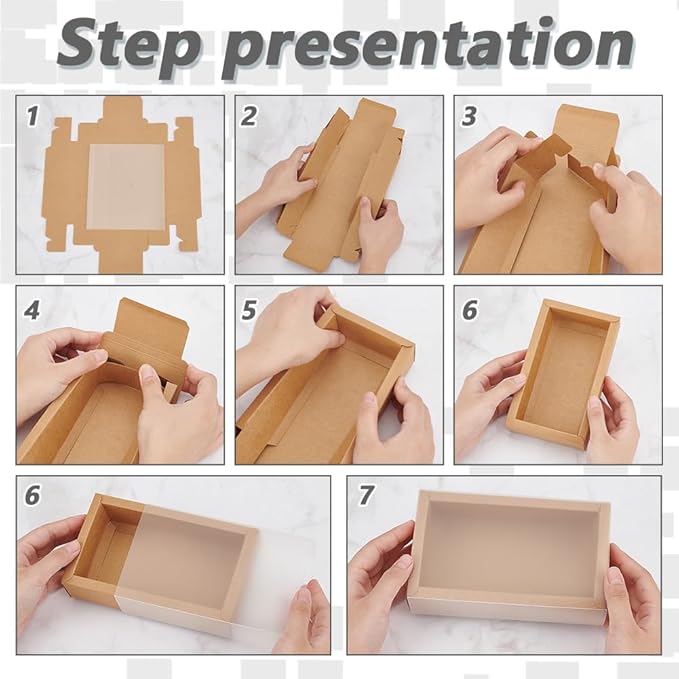 BENECREAT 12Packs Large Rectangle Brown Kraft Boxes Heavy Duty Gift Box with Clear PVC Windows 5.9x3x1.5 for Party Favor Treats, Bakery, Jewelry, Wedding Gift Packaging
