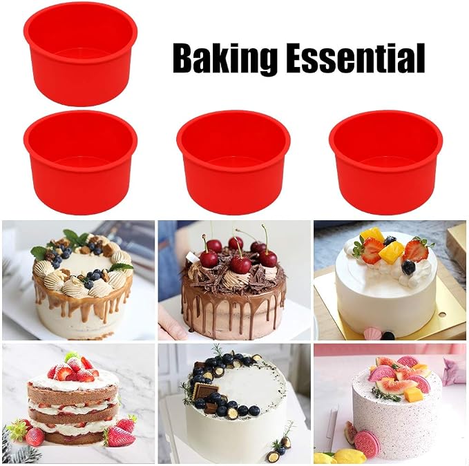 Silicone Cake Mold Baking Pan Round 4 Inch Non-Stick Bakeware Pan Reusable Cake Pan, Red, Set of 6