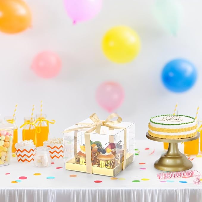 EUSOAR Cupcake Containers, 18 Pack Gold Bakery Mini Cake Take out Boxes 4 Count with Gift Ribbon, Assembly Plastic Dessert Pastry Holder Disposable Cookies Wrappers for Birthday Wedding Party Favors