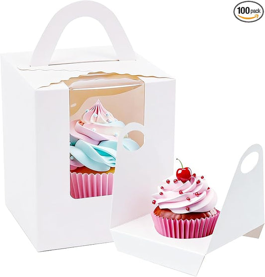 100 Pack Individual Cupcake Boxes, Single Cupcake Containers with Window, Inserts and Handle, White Cupcake Boxes for Muffins, Cupcakes, Donuts, 3.6 x 3.6 x 4.3 Inch