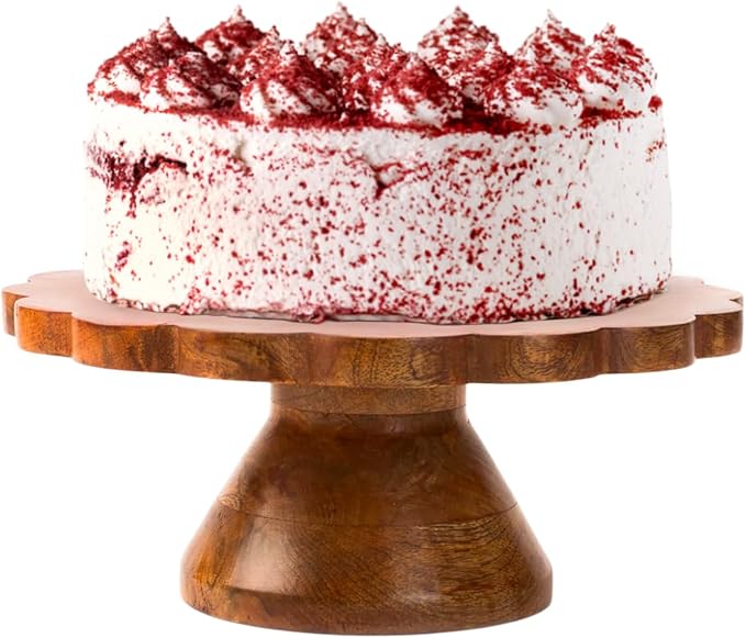 Mela Artisans 12" Mango Wood Cake Stand 5" Tall with Wooden Pedestal – Medium Polish Riser Designed for Birthday Cake and Cookie Display, Cupcake Stand & Decorative Trays