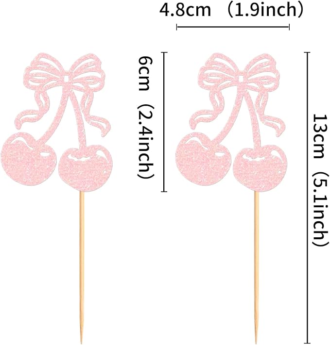 24Pcs Glitter Pink Cherry Fruit Cupcake Toppers Cherries Cupcake Picks for Fruit Theme Baby Shower She Is Cherry On Top Funny Birthday Cupcake Decorations Cherries Party Supplies