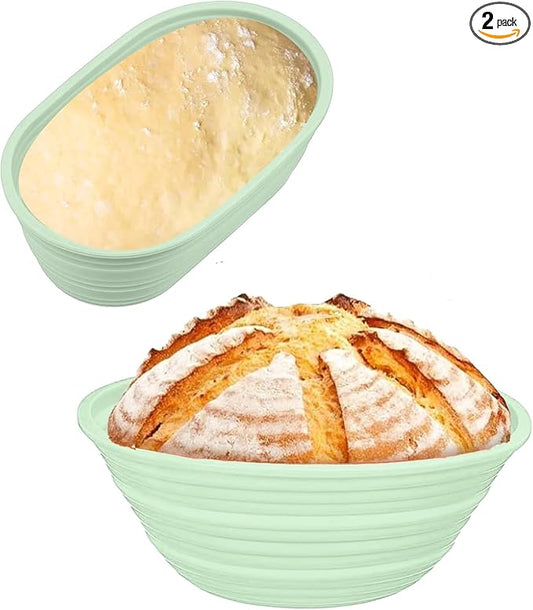 Banneton Bread Proofing Baskets,Silicone Sourdough Bread Baking Supplies, Bread Proofing Baskets for Sourdough, 9.3" Round & 10.2" Oval Collapsible Sourdough Baking Basket (Green)