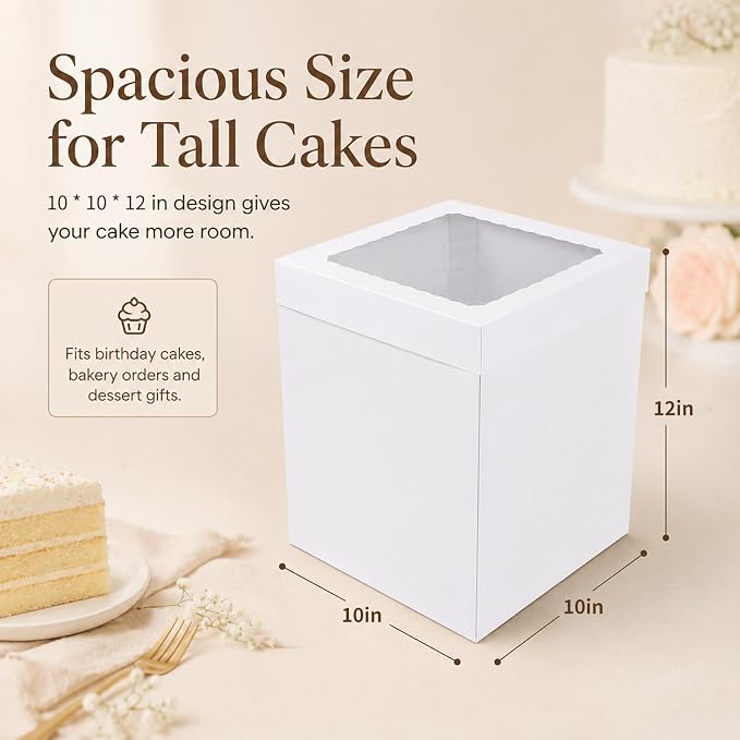 JCD White 10x10x12 Corrugated Tall Cake Boxes for 8in Multi-Layer Cakes | Thick corrugated boxes anti-collapse for long-distance delivery; 12in ultra height fits large cake toppers & flower decor