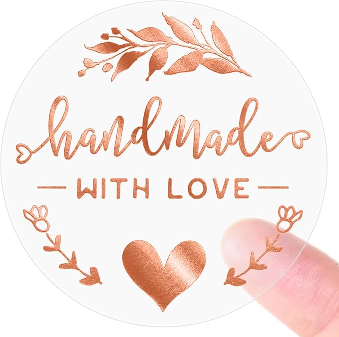 100PCS Handmade with Love Stickers, Transparent Rose Gold Foil Labels for Boutique Small Business Packaging, Elegant Gift Wrapping Seals for Candle Bakery Soap Handmade Orders,1.6"