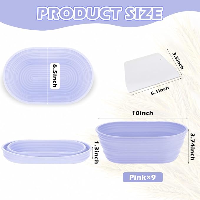 Nuogo 9 Pack Oval Bread Proofing Basket Silicone 10 Inch Collapsible Sourdough Bread Baking Supplies Dough Proofing Bowl with Dough Scraper and Basket Covers (Purple)