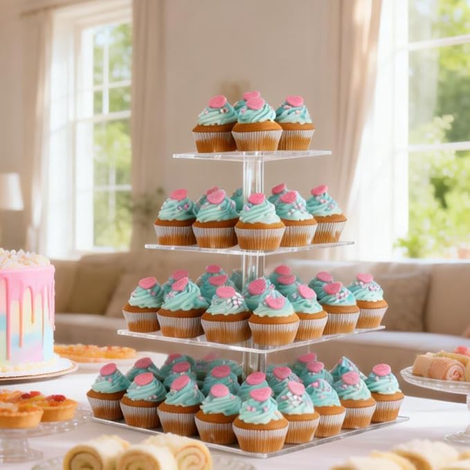 4 Tier Acrylic Cupcake Tower Stand, Clear Square Dessert Treat Display, Cake and Cupcake Stand Set, Candy Bar Party Décor, Bases Para Cupcakes for Birthday Wedding Party…