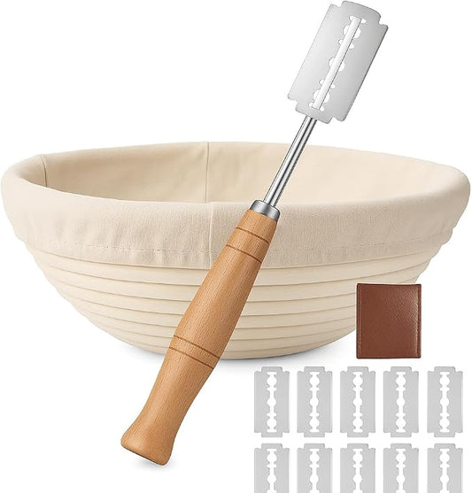 Saint Germain Bakery Round Banneton Proofing Basket and Bread Lame Set – 9 Inch Natural Rattan Bread Basket with Liner, 10 Blades & Leather Cover – Sourdough Baking Kit Gift for Beginners and Bakers
