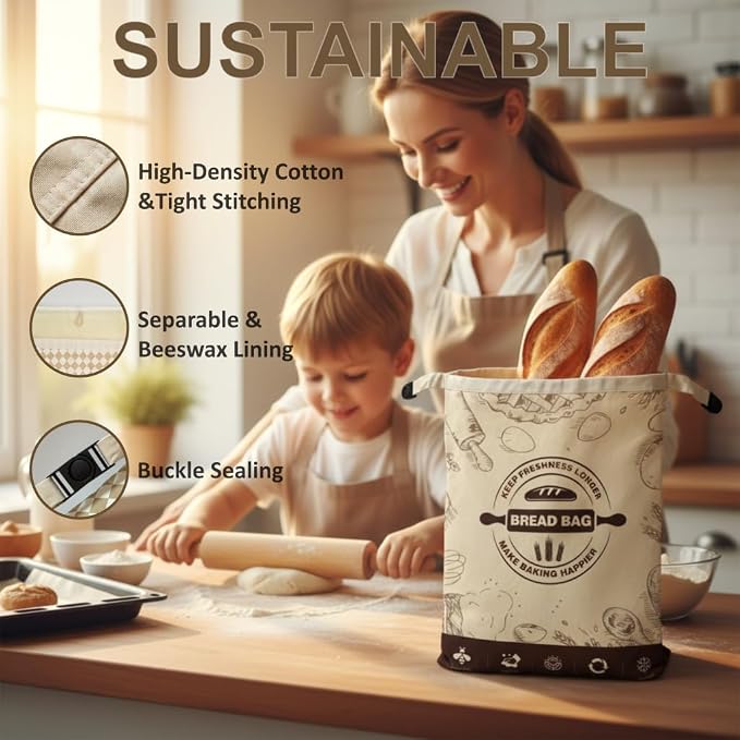 2 Pack Beeswax Bread Bags for Sourdough Homemade Bread, 16x12 Inch Cotton Storage Bags with Removable Liner for Sourdough Fresh and Extend
