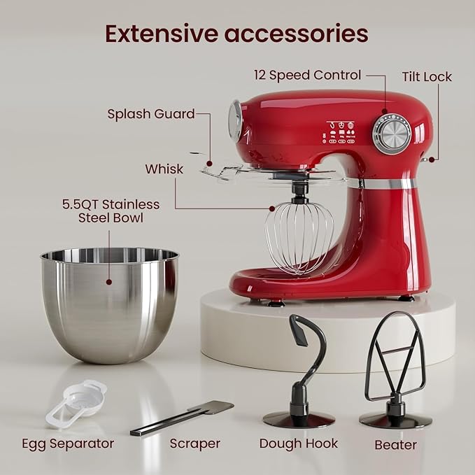 Kismile 5.5QT Tilt-Head Stand Mixer, 12-Speed Electric Mixer with 304 Stainless Steel Bowl - Includes Whisk, Dough Hook, Beater for Baking Bread, Cakes, Cookies（Red）