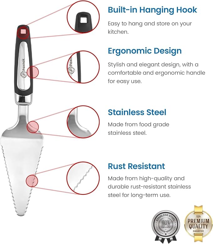 Pie Server Spatula and Cake Cutter Slicer, Stainless Steel Set - Kitchen Essentials for Cutting & Serving Desserts, Brownies, Lasagna (Black, 10 inches)