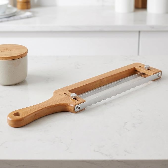 DECHOUS Adjustable Bamboo Bread Slicer with Stainless Serrated Blade and Thickness Guide for Homemade Sourdough Baguettes and Bagels