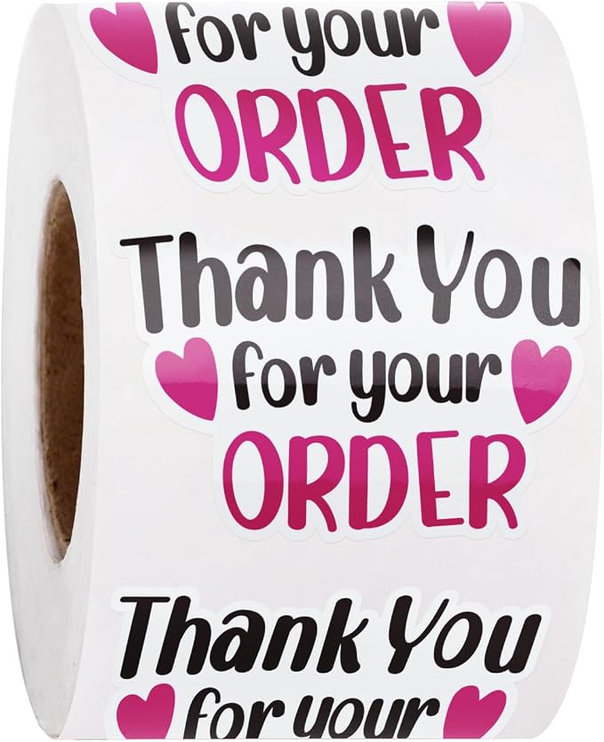 WRAPAHOLIC 1.8 x 1.1 Inch, 500 Total Business Stickers Roll - Black Rose Pink Thank You for Your Order Text Design, Thank You Lables, Shipping Stickers for Party Decorations
