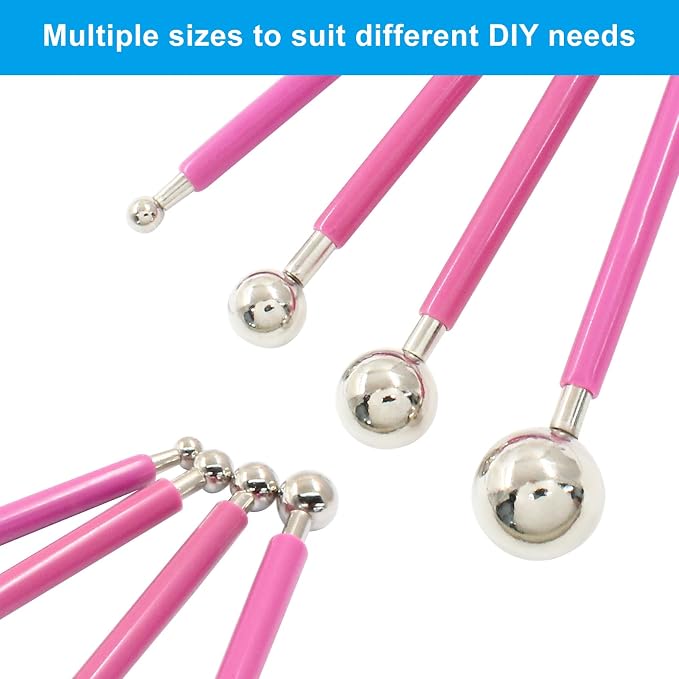 4Pcs Pink Ball Shaped Cake Dotting Tool, 8 Head Fondant Ball Tool Stainless Steel Modeling Ball Tool, Metal Ball Mold Tool for Cake Decoration, Sculpting, DIY