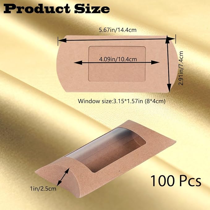 100 Pcs Pillow Gift Boxes with Windows,Kraft Paper Mini Pillow Packaging Box, Creative Favor Box Folding Treat Boxes with Clear Window for Bakery Candy Chocolate Jewelry Display Wedding Party Favor (kraft 100Pcs)