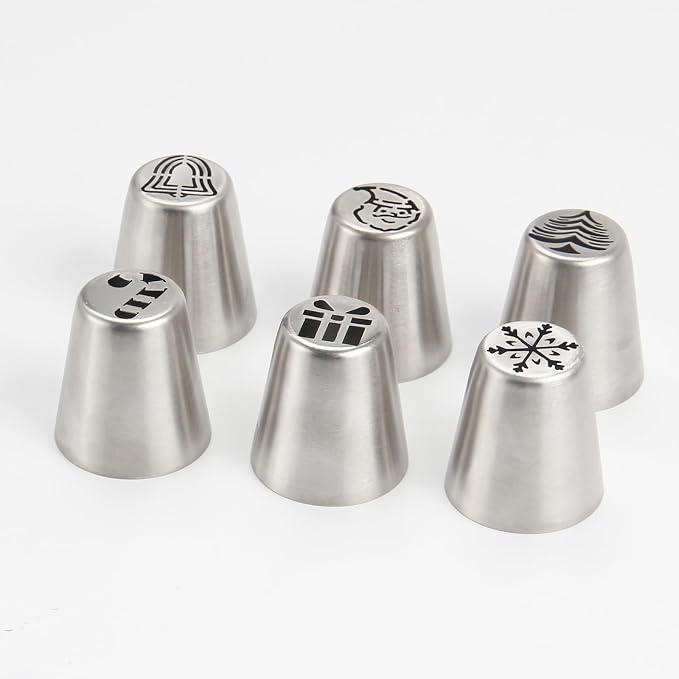 6PCS Christmas Russian Icing Tips Set, Stainless Steel Piping Nozzles for Cake, Cupcake Cookie Decorating – Includes 6 Creative Festive Frosting Tips with Christmas Designs