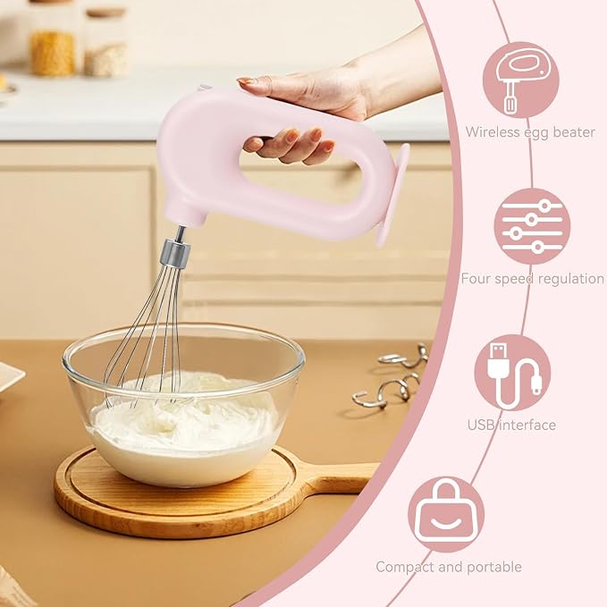 Cyrank Cordless Hand Mixer, Handheld Mixer Electric Hand Mixer 4 Speed Electric Handheld Mini Egg Beater USB Charing 1500mah(Pink)