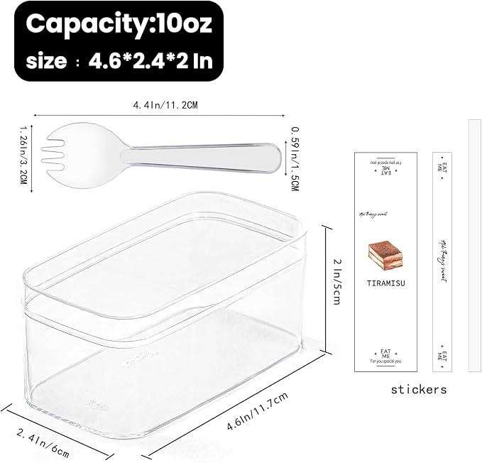 10OZ Rectangle Clear Plastic Cups with Lids and Sporks&Stickers Disposable Fruit Cups for Dessert,Tiramisu container with lid,Cupcake,Parfait,Pudding,Iced Cold Drinks,Fruits,Bakeries (50)