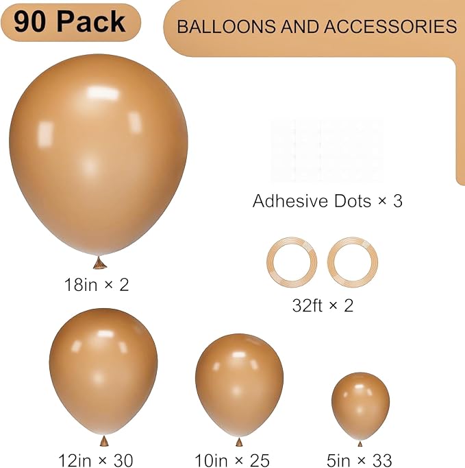 Voircoloria 90pack Brown Balloons Different Size 18/12/10/5 Inch Brown Balloon Garland Arch Kit for Graduation, Wedding, Birthday, Princess Theme Party, Valentine's Day Party Decorations