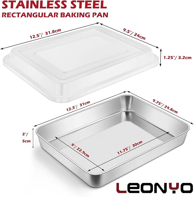 Leonyo 12⅓ x 9¾ x 2 In Baking Cake Pan with Lid Set of 2, Stainless Steel | For Focaccia, Bread, Brownies, Casseroles, Refrige & Oven Safe