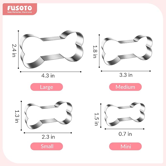 FUSOTO Dog Bone Cookie Cutters Set, Cookie Cutter for Homemade Dog Treat, 4Pcs Stainless Steel Cutters Dog Bone Shape for Cookie Baking, Sandwiches, Biscuits, Fruit, Vegetable