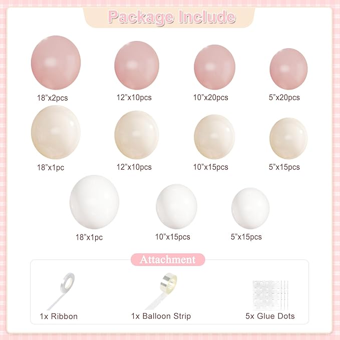 Dusty Pink Balloon Arch Garland Kit 124Pcs Boho Blush Neutral Pink White Sand White Balloons Different Size for Girls Baby Shower Birthday Wedding Gender Reveal Party Decorations