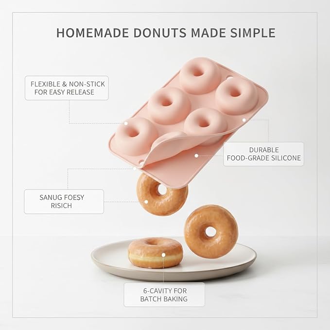 6-Cavity Silicone Donut Pan, Non-Stick Flexible Baking Mold for Easy Release, Mini Donut Maker Tray, Pink