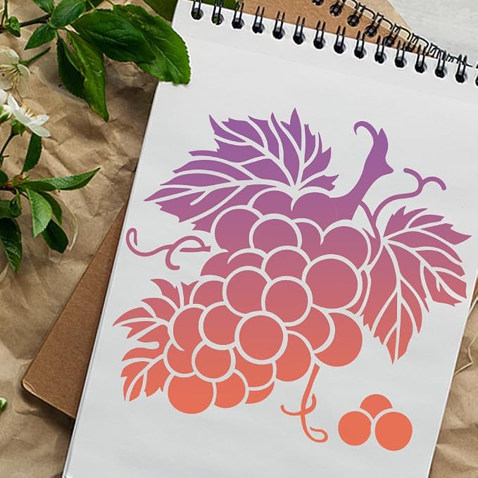 Grape Fruit Craft Stencil for Drawing 11.8 x 11.8 Inch Reusable Plastic Grape Stencil for Painting on Wood Wall Fabric Furniture, DIY Home Decor Craft Stencil
