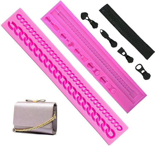 KuuGuu 2 PACK Zipper Chain Silicone Mold Realistic Chain Cake Fondant Mold Purse Bag Cake Decorating Mould for DIY Cake Border Decoration, Cupcake Topper, Jewelry, Polymer Clay, Crafting Projects