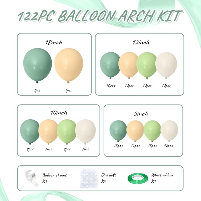 Sage Green Brown Balloon Arch Kit, 122Pcs Avocado Dusty Green Apricot Sand White Tan Balloons for Neutral Safari Woodland Birthday Dinosaur Party Summer Decorations