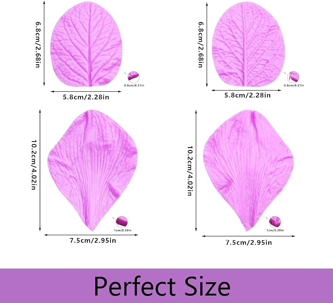Infovox Rose Flower Petal Silicone Molds Leaf Veiner Fondant Mold, for Fondant Cake Decorating, 4 Pieces
