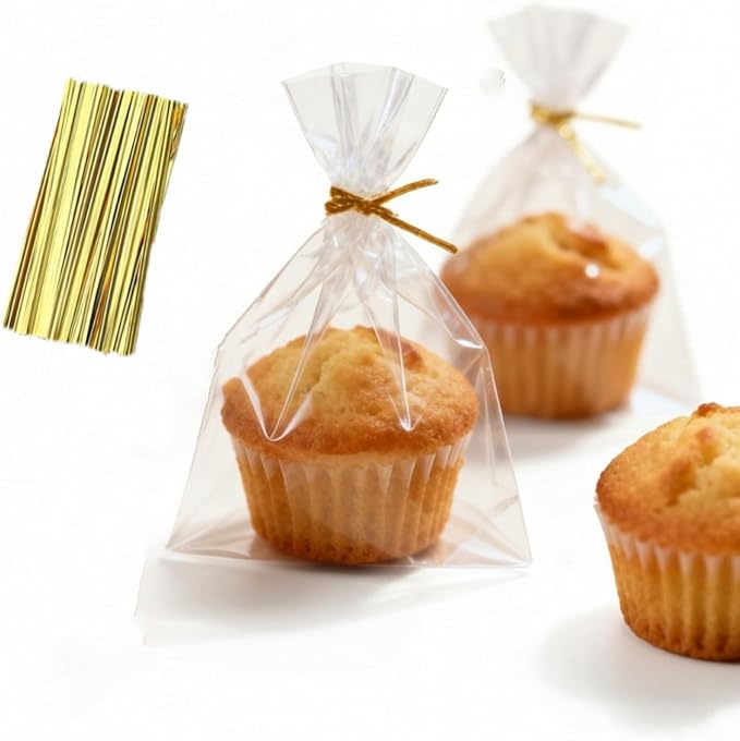 JCXGRVC 200 Pack 6"x2.4"x7" Cellophane Muffin Bags with Gold Twist Ties Flat Bottom Food Safe Bakery Packaging for Cupcakes Cookies Brownies Strawberries Macarons Perfect for Party Favors Catering