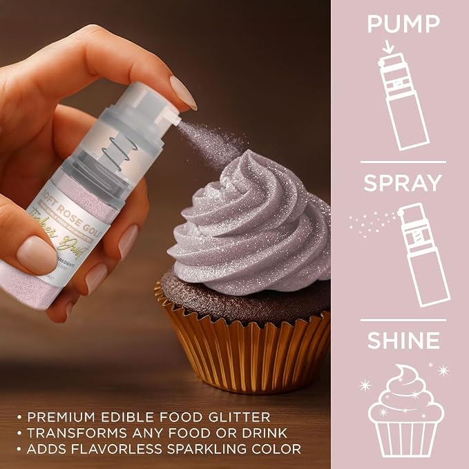 Bakell - Soft Rose Gold Tinker Dust (4g, 1x Mini Spray Pump) Edible Glitter for Food, Desserts, and Baked goods!